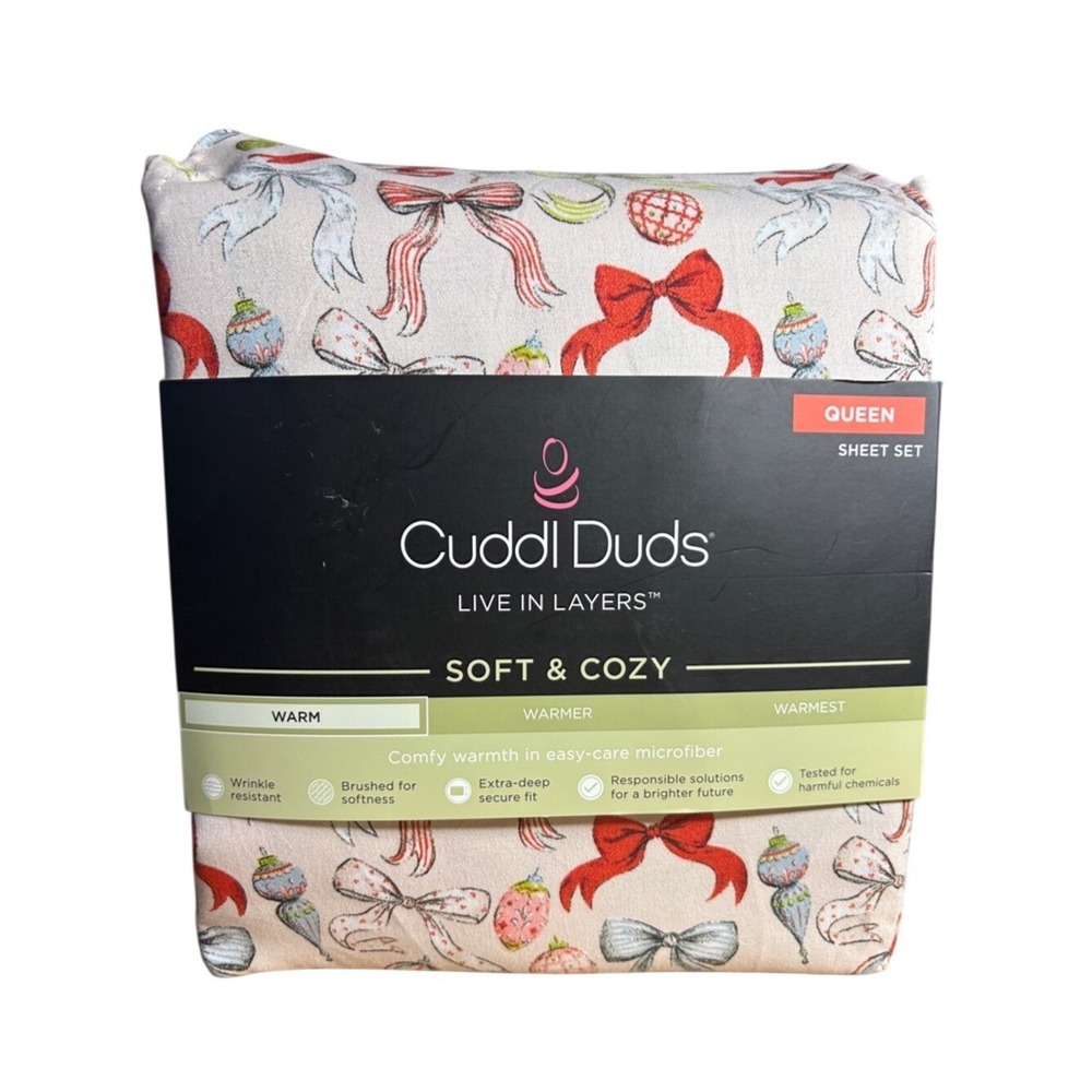 Cuddl Duds Queen Microfiber Sheet Set  Pink Bow & Ornament Holiday Gift NEW